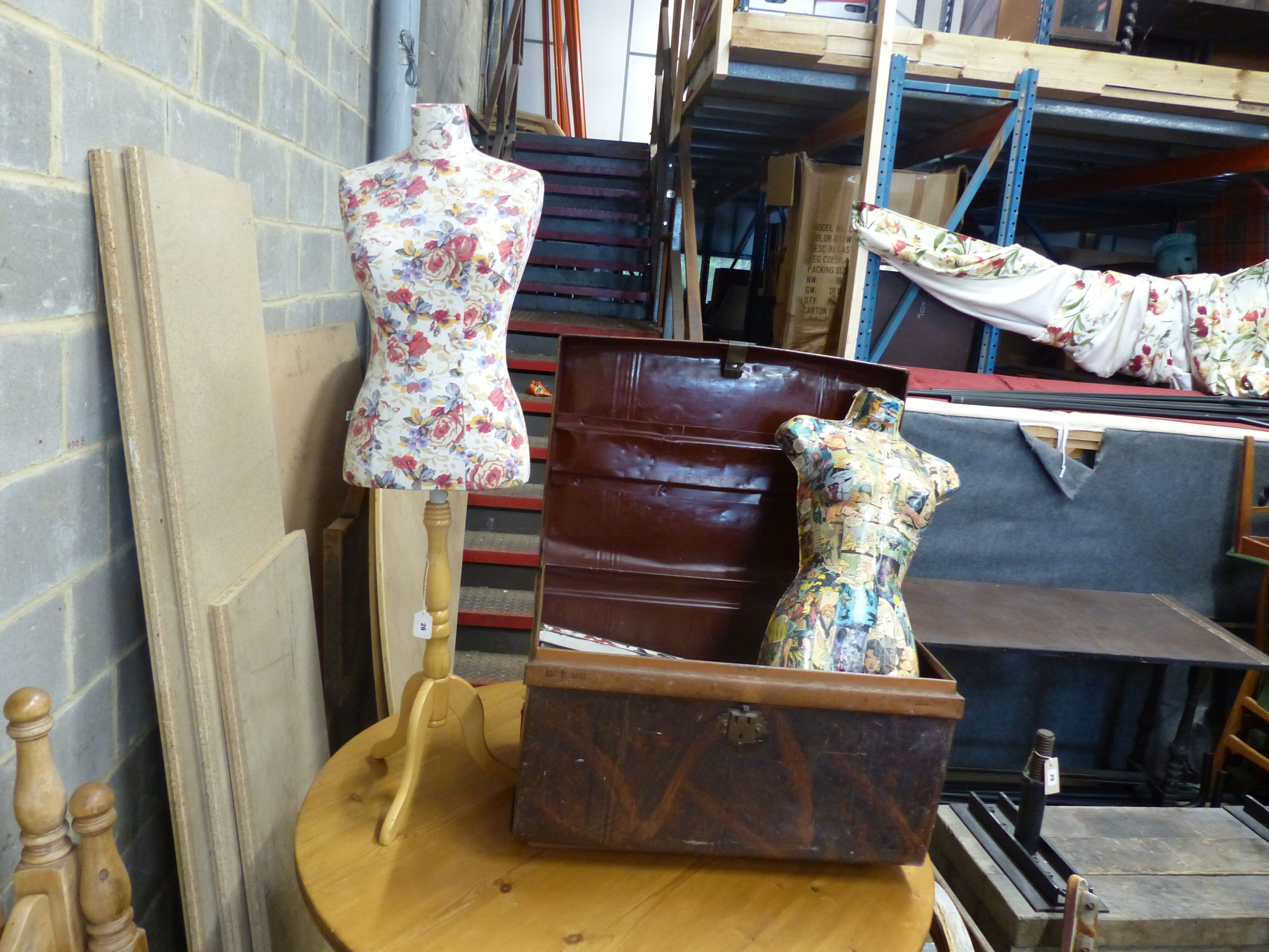 A painted tin trunk (with contents), a dressmaker's dummy and a mannequin